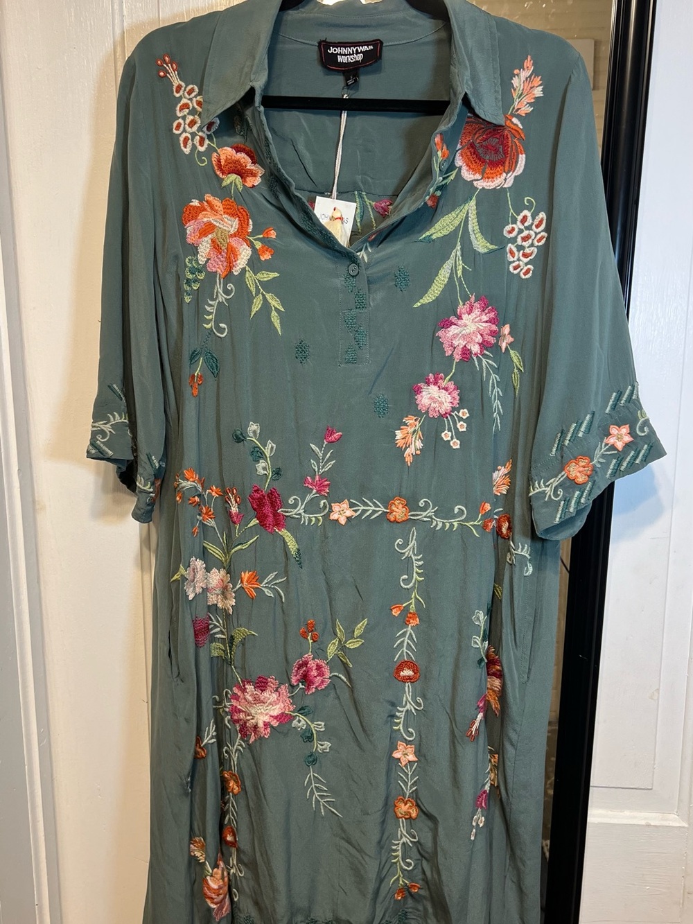 Johnny Was Verdigris Green Embroidered Floral Midi Dress with Slip